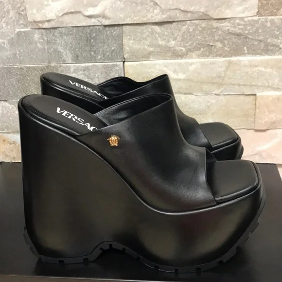 Authentic Versace Leather Platform Wedge Mules - Picture 14 of 17